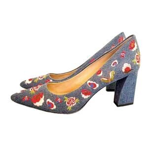 Gunmetal Penelopa Denim Floral Embroidered Pump EUC